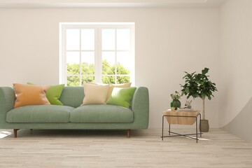 White living room with sofa and summer landscape in window. Scandinavian interior design. 3D illustration