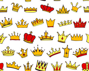Doodle crowns seamless pattern. Hand drawn cartoon background. Cute baby, kids design for childrens room, posters, fabric. Vector illustration.