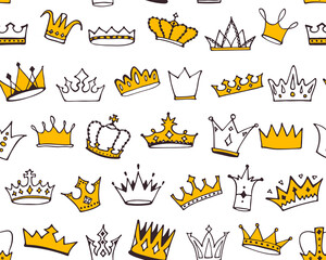Doodle crowns seamless pattern. Hand drawn cartoon background. Cute baby, kids design for childrens room, posters, fabric. Vector illustration.