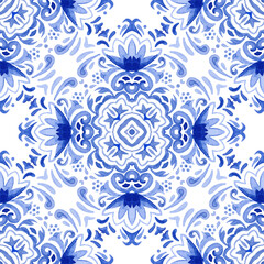 Abstract blue and white hand drawn tile seamless abstract textured damask ornamental watercolor paint pattern.