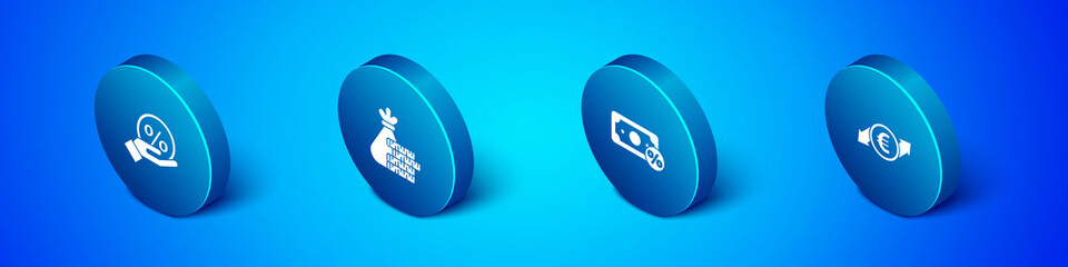 Set Isometric Discount percent tag, Money, Financial growth and euro coin and bag icon. Vector.