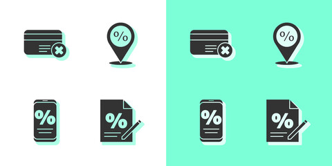 Set Finance document, Credit card remove, Percent discount and mobile and Location with percent icon. Vector.