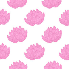 Isolated hand drawn seamless pattern with contoured pink lotus flower ornament. White background.