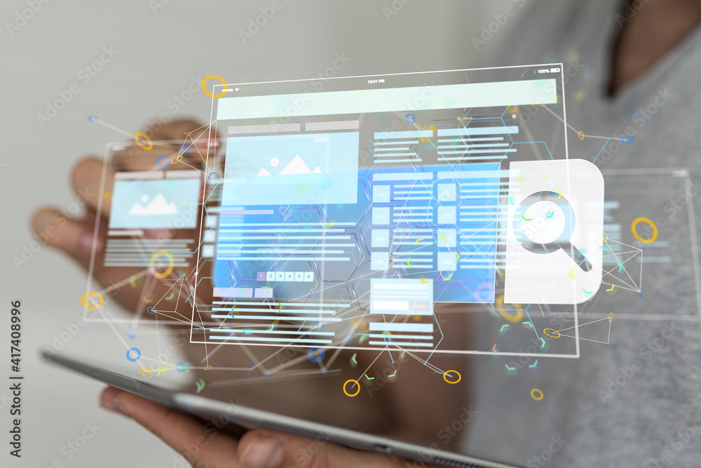 Wall mural interface web application in hand 3d