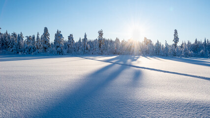 Skiing trip winter landscape with snow and sunshine in minus 20 degrees celsius