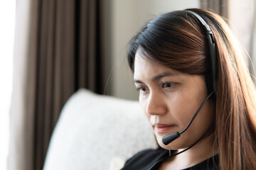 people use headphone with microphone, concept of customer service.