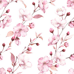 Blossoming flowers sakura on branches, seamless floral pattern on white background, watercolor colorful illustration for floral textile, wallpaper or romantic cover.