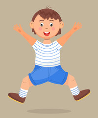 Fototapeta na wymiar Happy school kid jumping. Cartoon character has fun, runs, jumps, plays. Boy illustration vector