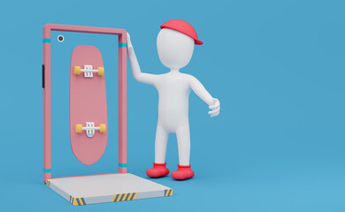 Stick man with skateboard or surf skate and mobile phone in blue composition background ,Concept 3d illustration or 3d render