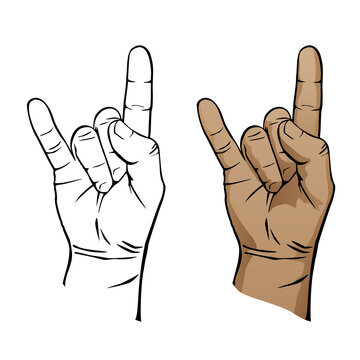 Heavy Metal Music Devil Hand Sign in Color and Black Line Art Vector Illustration