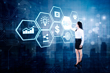 Businesswoman touching SEO button on virtual screen