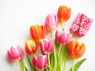 Bouquet of multicolored tulips with pink gift box on white background