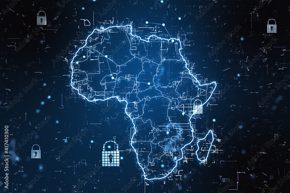 Aufkleber cyber security concept with digital africa map with locks and glowing lines on abstract dark backgro