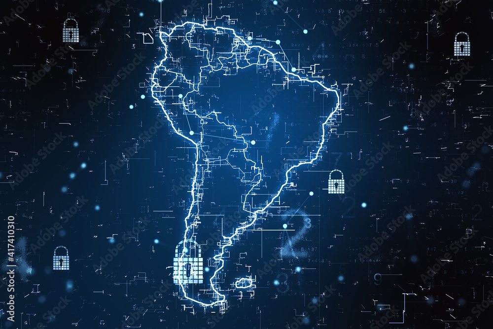 Poster network security concept with glowing digital south america map at abstract dark background