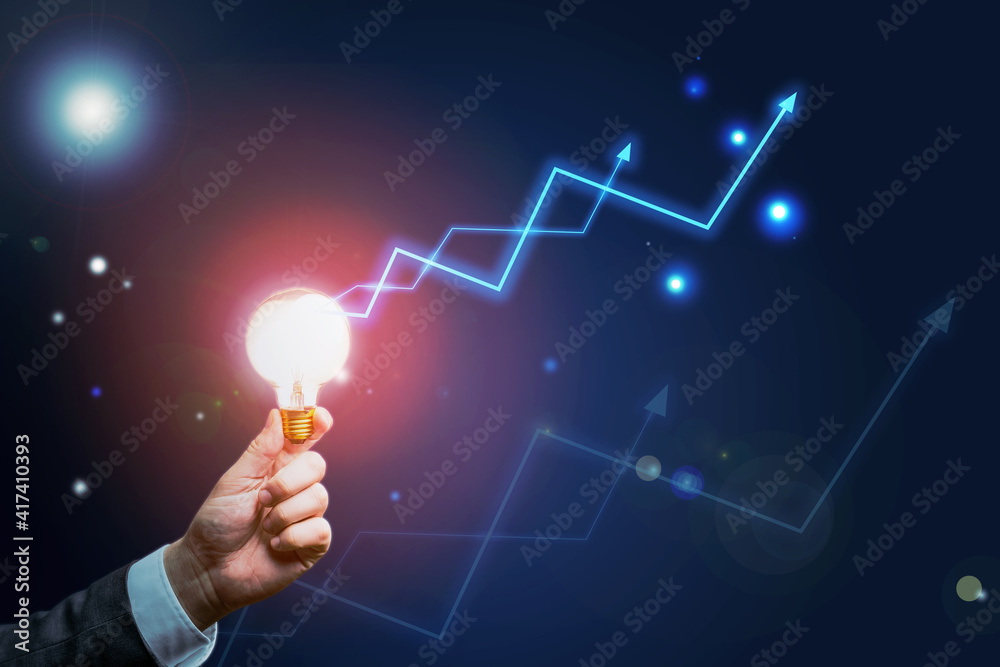 Poster Concept idea and innovation concept with businessman carrying glowing light bulb and arrows up on abstract background