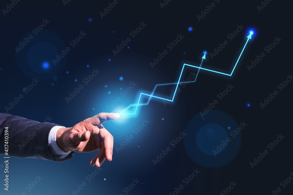Poster Launching profitable solutions concept with businessman finger touching digital screen with arrows up at abstract background