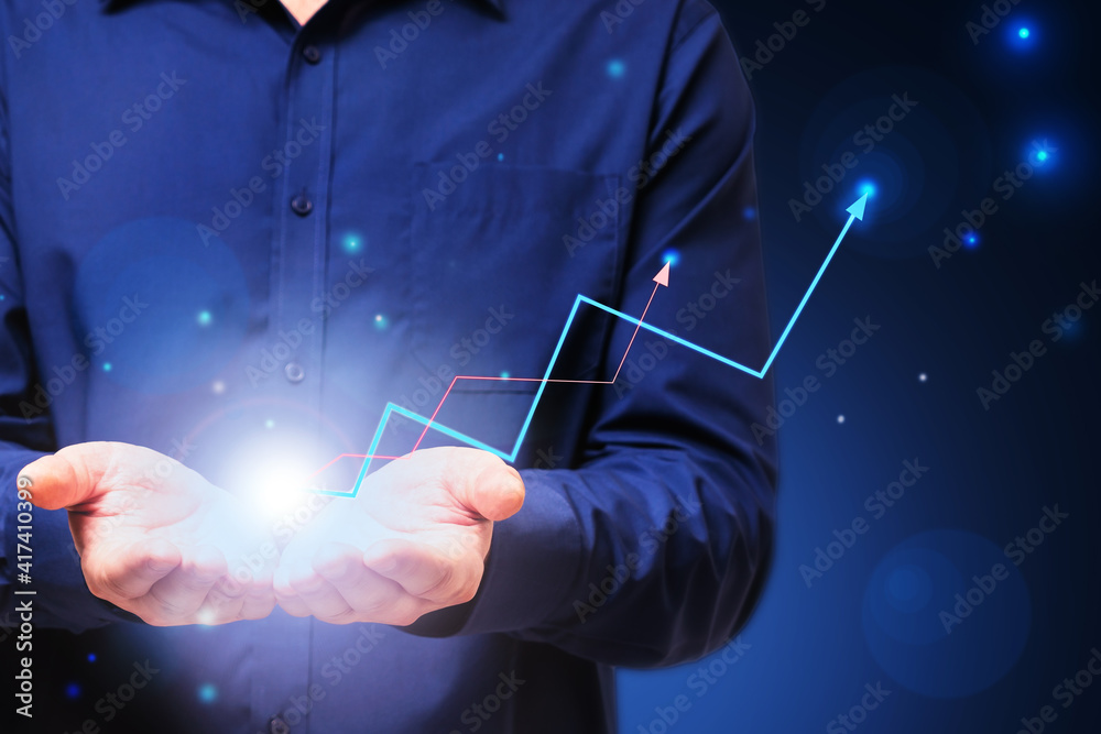 Poster work on business success concept with man hands and glowing light bulb with arrows up
