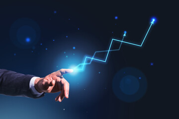 Launching profitable solutions concept with businessman finger touching digital screen with arrows up at abstract background
