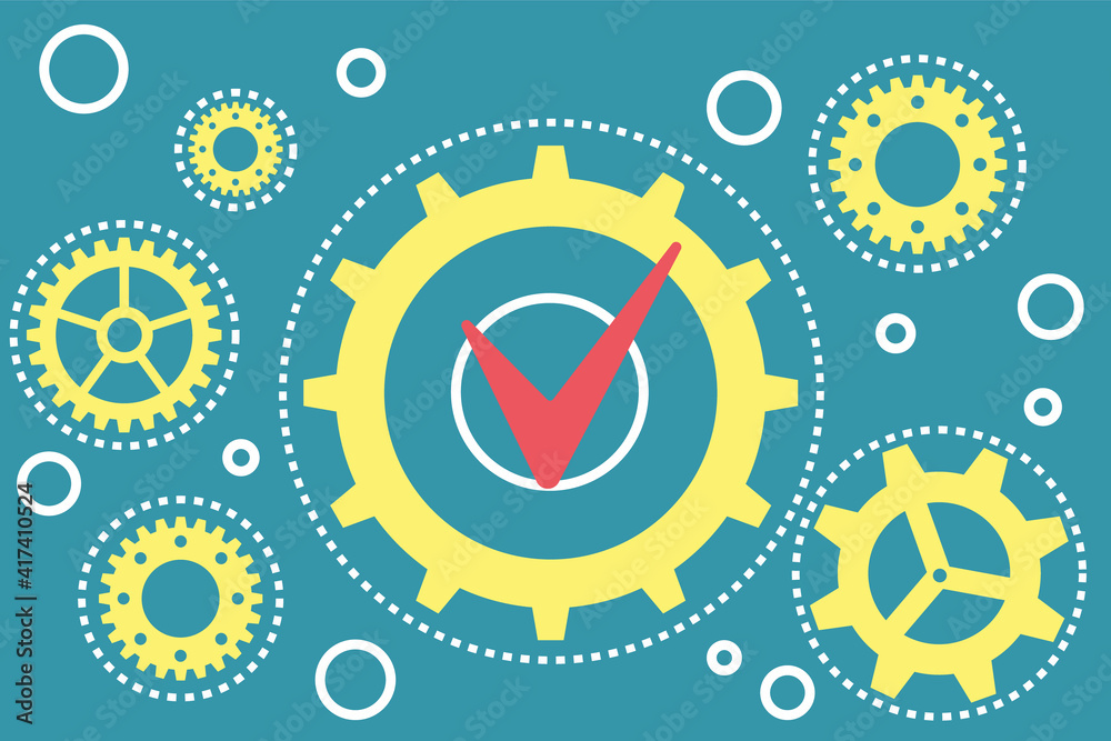 Poster right business solution concept with yellow gears illustration and red check mark on blue backdrop