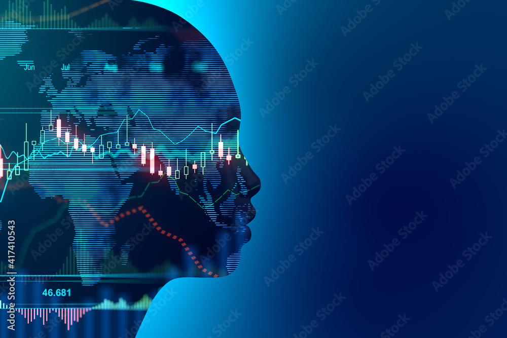 Poster ivestment advice by artificial intellingence concept with head silhouette and stock market graphs an