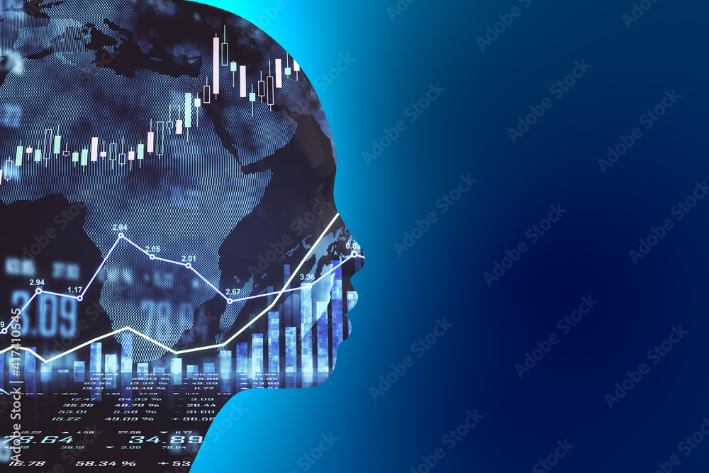 Poster artificial intellingence trade market concept with robot silhouette at blue background and forex cha