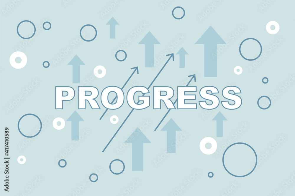 Poster growth success concept with progress word illustration on light backdrop with arrows up and circles