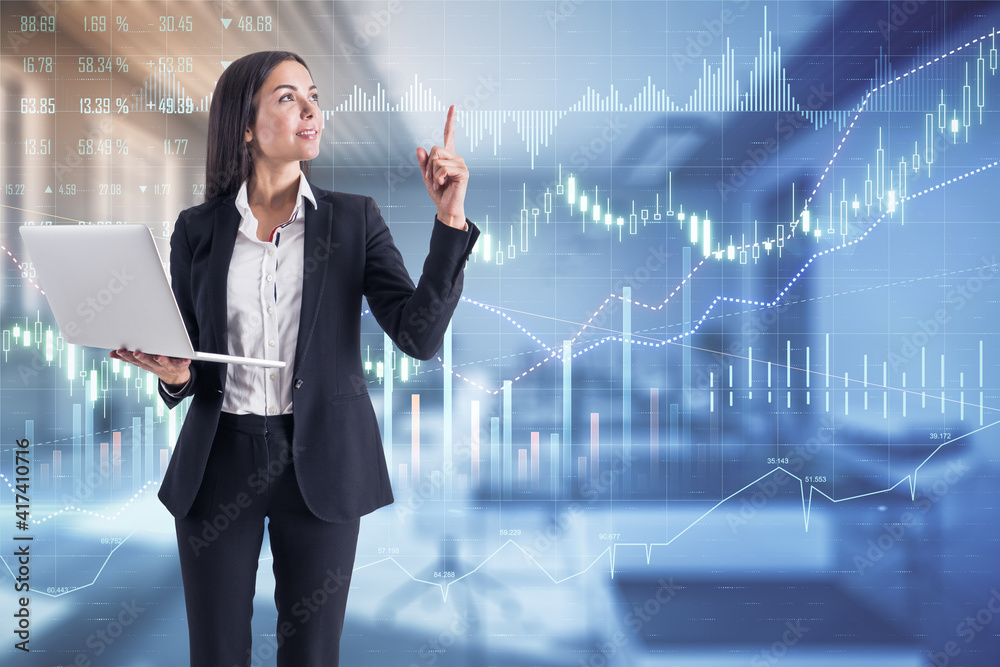 Poster profitable solution concept with businesswoman with laptop at digital screen with trade market chart