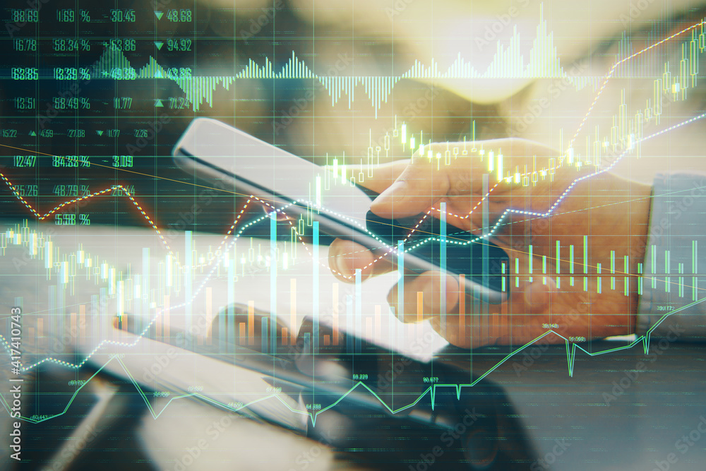 Poster stock market concept with digital screen with forex chart graphs, candlestick and diagram and busine