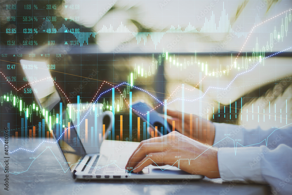 Poster businessman with smartphone typing laptop keyboard and digital trade and exchange market display wit