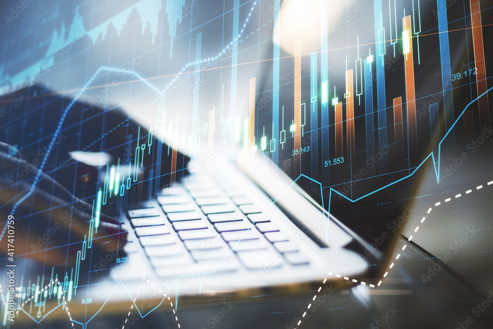 Poster investing and stock market concept with hands on laptop keyboard and digital screen with forex tradi