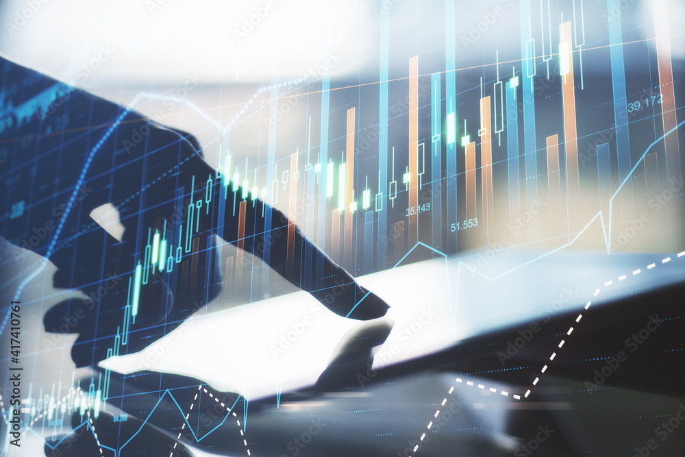 Poster stock exchange market concept with human finger touching digital tablet display and abstract digital