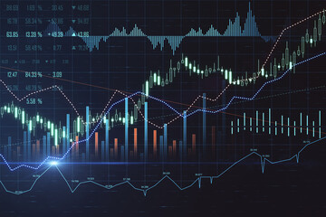 Stock market concept: digital screen with financial graphs, glowing diagram, candlestick and stock indicators