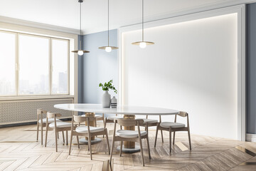 White wall panel in eco style dining room with white table, wooden chairs around on parquet and smoky city view. Mockup