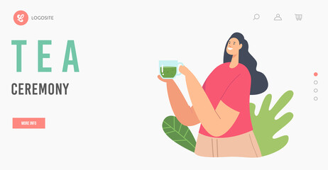 Tea Ceremony Landing Page Template. Woman Drinking Matcha Tea. Female Character with Green Tea in Mug of Herbal Beverage