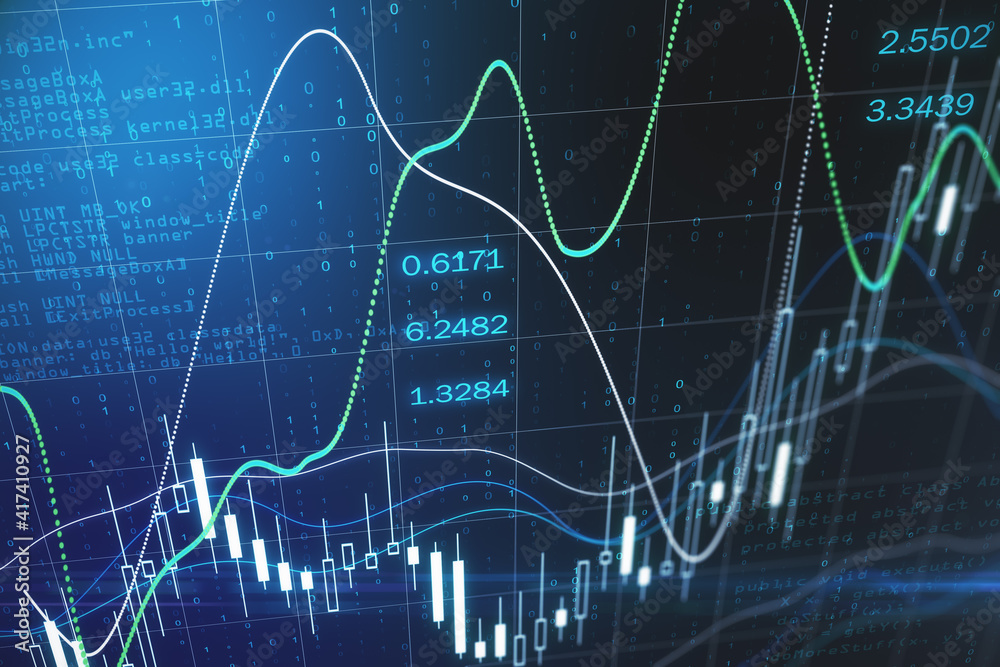 Poster Forex robot algorithmics concept with stock exchange market graphs, diagram and candlestick at abstract digital background