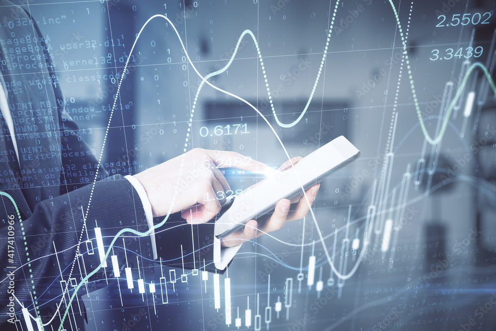 Poster forex investment market with businessman working on digital tablet and digital screen with stock mar