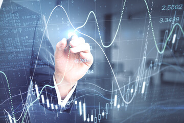 Business analysis concept with businessman writing on digital screen with forex chart, diagram and candlestick