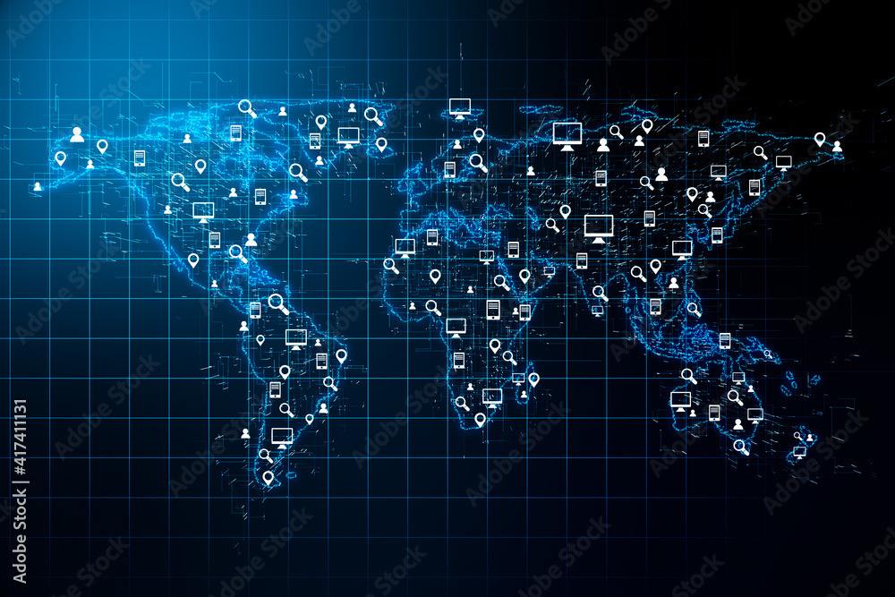 Aufkleber social network concept with digital world map, social media icons and abstract glowing squared backg