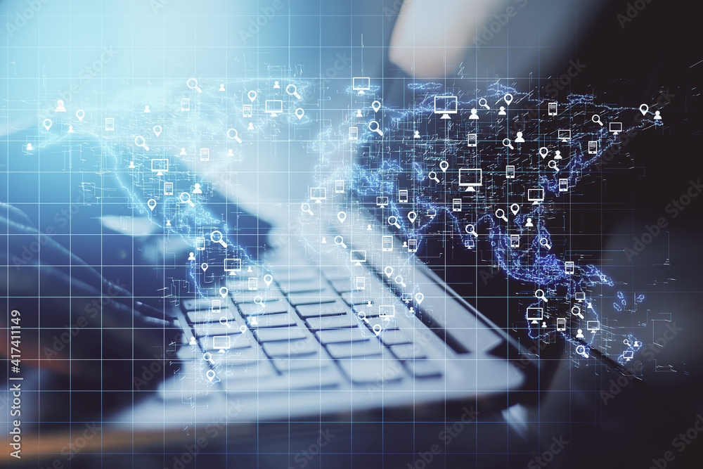 Poster Social network communication concept with digital world map scheme and media icons on blurry background with human hands and laptop keyboard