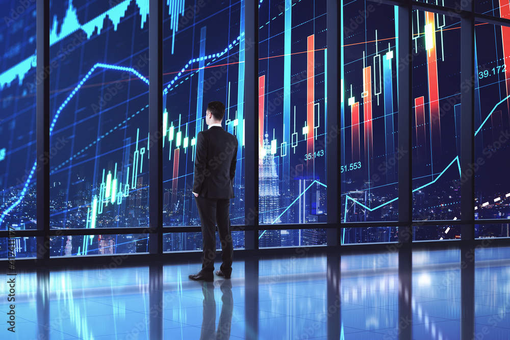 Poster trade maket business concept with businessman back looking on digital display with forex chart graph