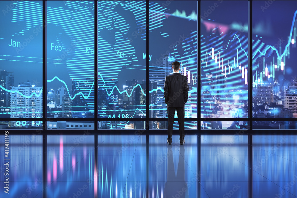 Poster buisness stock market analytics concept with businessman in black suit looking at digital display wi