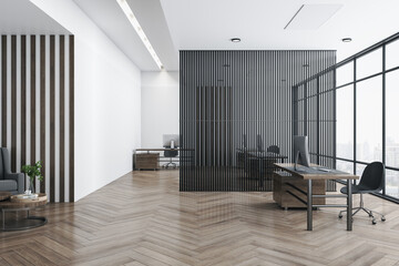 Airy partition in the center of modern eco style open space office with dark wooden tables, floor and stripes on walls