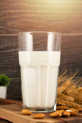 Glass of almond milk on wooden background