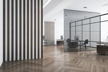 Empty striped wall in stylish office with wooden furniture, airy partition, parquet and big window....