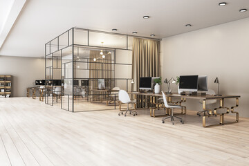 Modern spacious cabinet with glass walls in stylish office with wooden tables on bronze legs