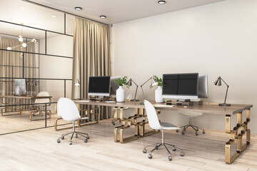 Stylish office with wooden tables with bronze legs, white chairs and separate cabinet behind a glass wall