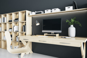 Modern eco interior room with wooden workspace and blank black computer monitor. Mock up