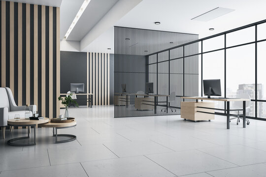 Openspace office interior design with wooden wall and tables, waiting area, tails floor and big window with city view