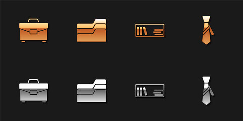Set Briefcase, Document folder, Shelf with books and Tie icon. Vector.