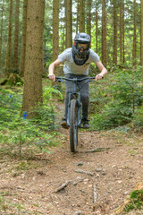 Mountainbiker befahren einen Waldtrail in einem Bikepark